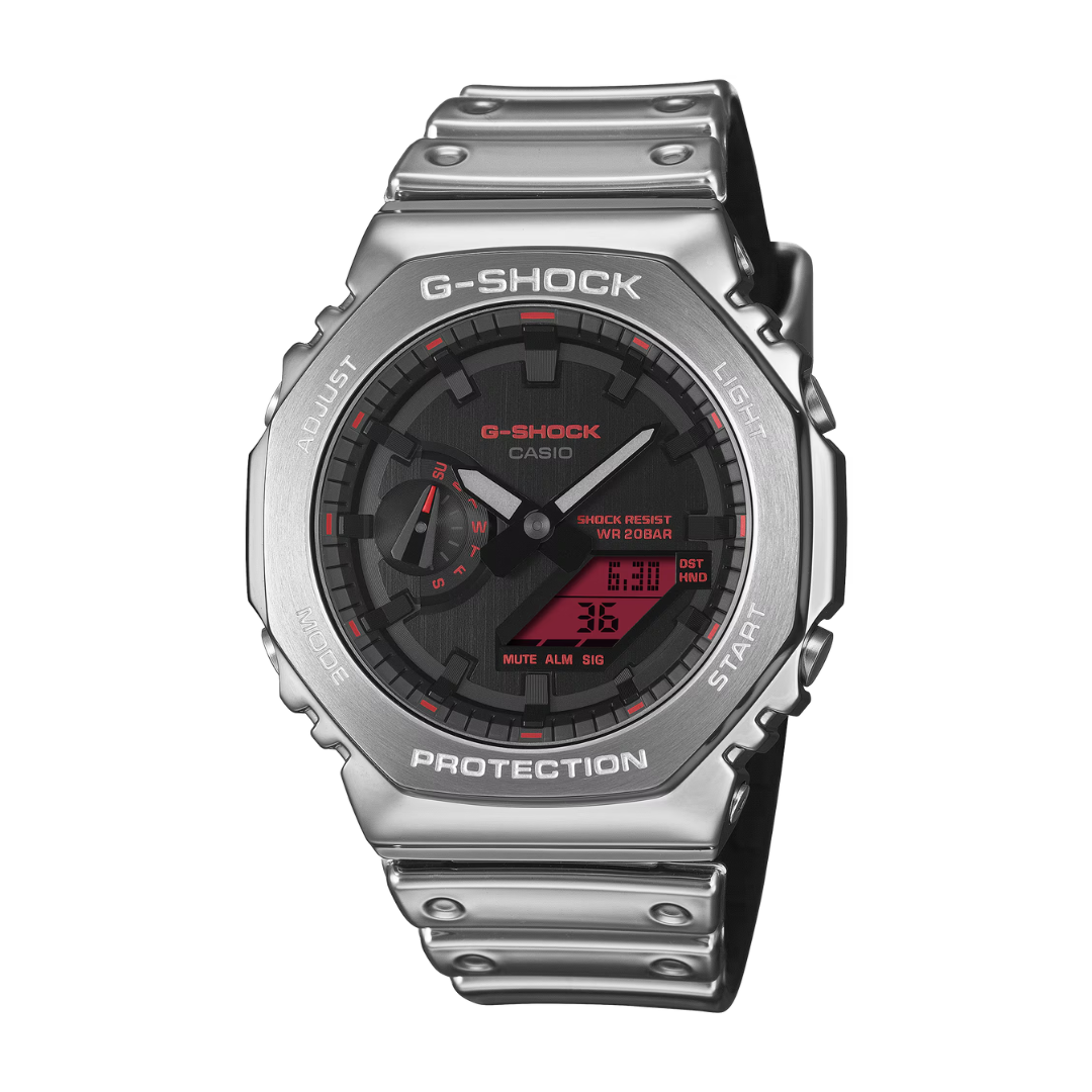s*a様 新品 CASIO G-SHOCK GM-2100 カシオーク Casio G-Shock GM-2100 CasiOak Silver Metal Red Accent Men Watch