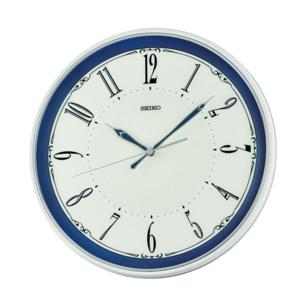 Seiko QXA834W White Blue Wall Clock | Ornate Dial & Quiet Sweep