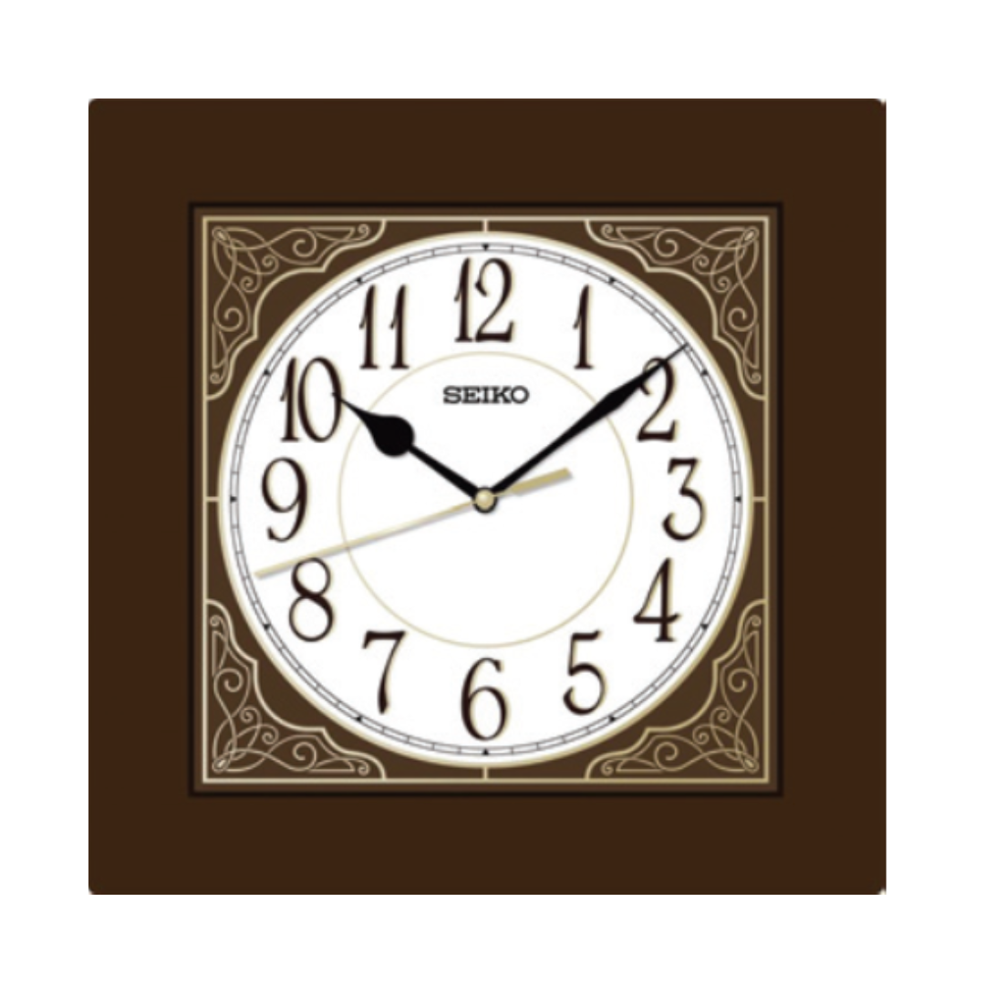 Seiko QXA864Z Brown Square Wall Clock | Quiet Sweep & Ornate Dial