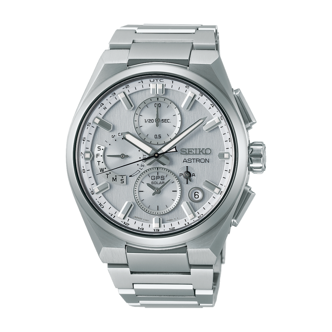 Seiko Astron SSH159J1 Dual-Time GPS Solar Chronograph Men’s Watch with silver dial and titanium bracelet