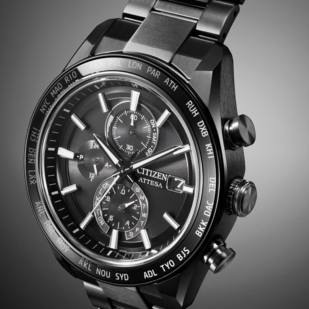 Citizen AT8294-59E Attesa Eco-Drive watch lifestyle shot showing black Super Titanium design