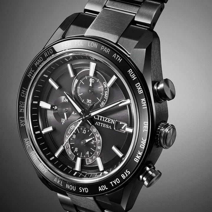 Citizen AT8294-59E Attesa Eco-Drive watch lifestyle shot showing black Super Titanium design