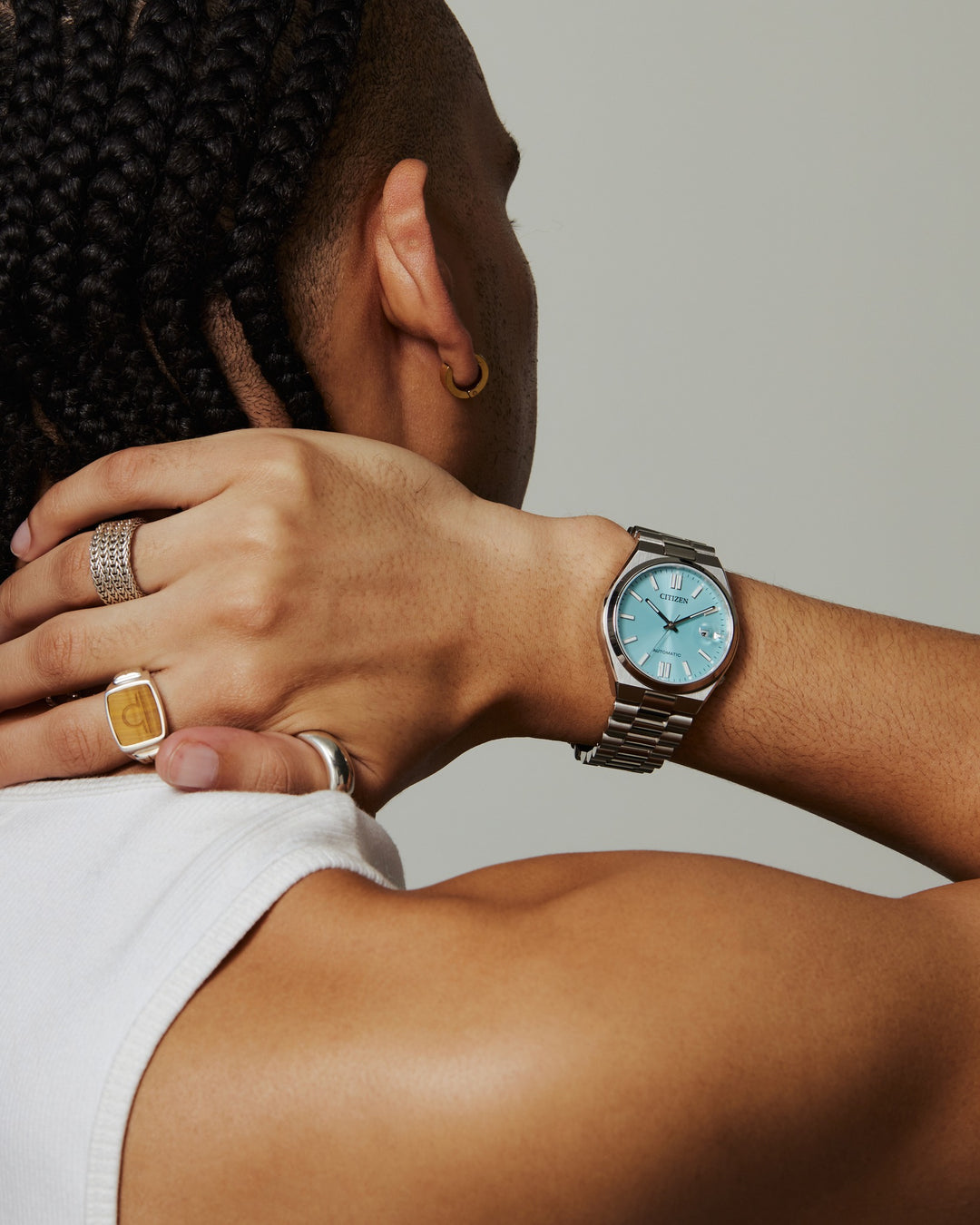 Citizen Tsuyosa NJ0200-50L automatic watch on wrist showing blue dial