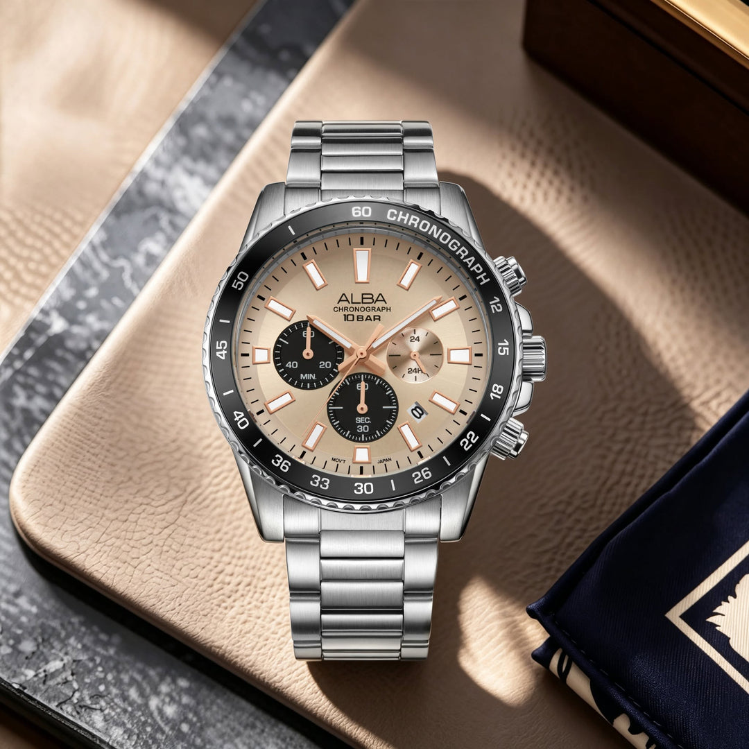 ALBA AT3L09X ACTIVE CHRONOGRAPH IVORY BLACK DIAL MEN WATCH