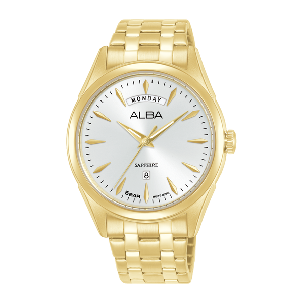 Alba A6B002X Prestige Quartz Day-Date Men's Watch with gold-tone stainless steel case and bracelet, silver-white dial with sapphire crystal