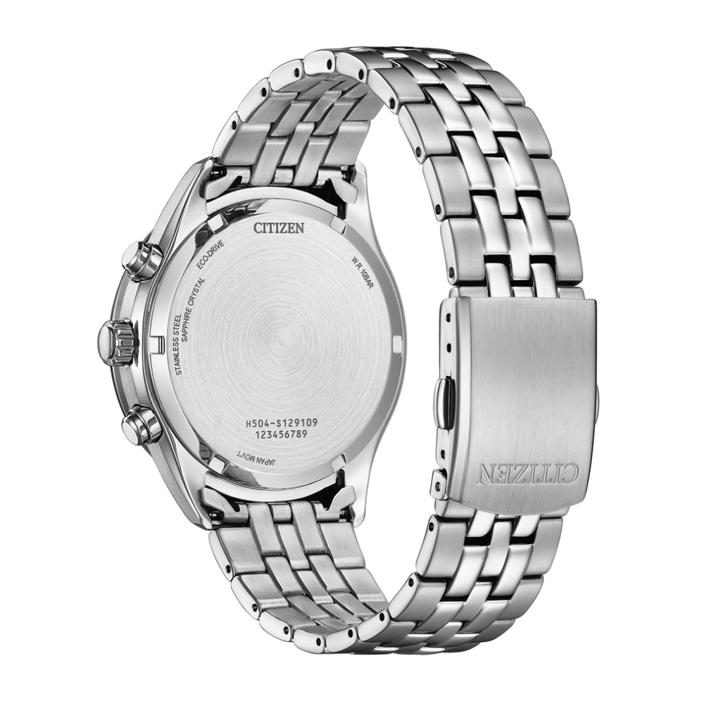 Citizen AT2570-56M Eco-Drive chronograph watch case back showing engraving and specifications