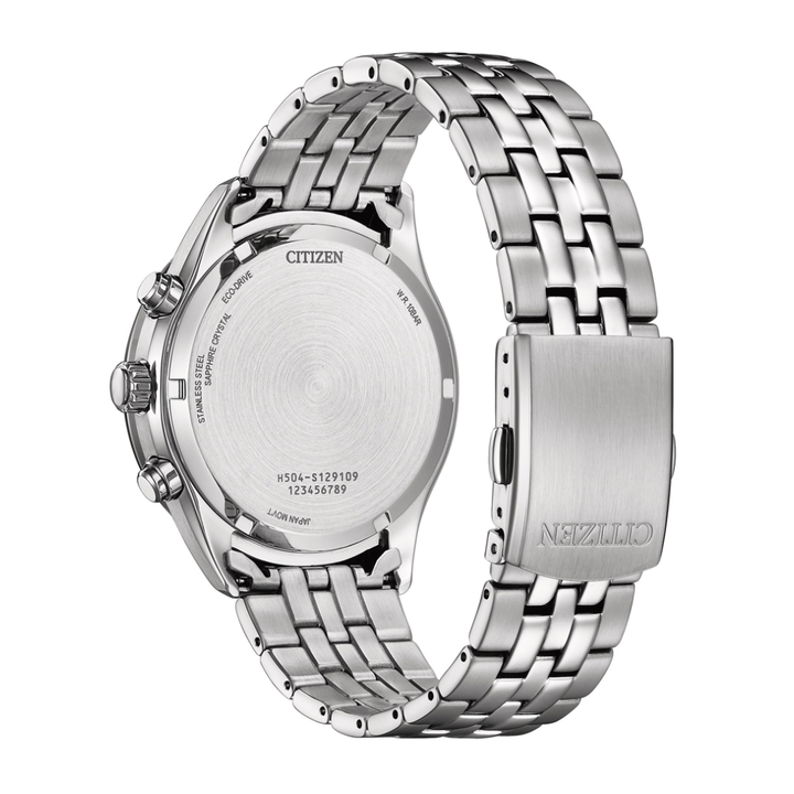 Citizen AT2570-56M Eco-Drive chronograph watch case back showing engraving and specifications