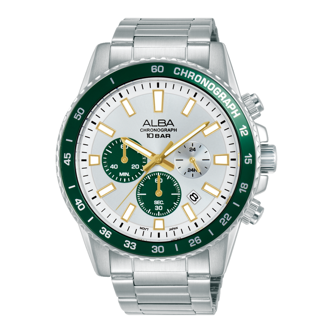 ALBA AT3L11X ACTIVE CHRONOGRAPH SILVER WHITE GREEN DIAL MEN WATCH