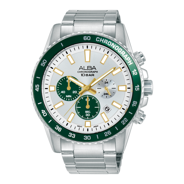 ALBA AT3L11X ACTIVE CHRONOGRAPH SILVER WHITE GREEN DIAL MEN WATCH