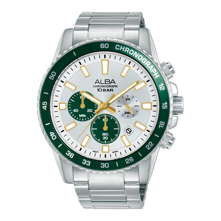 ALBA AT3L11X ACTIVE CHRONOGRAPH SILVER WHITE GREEN DIAL MEN WATCH