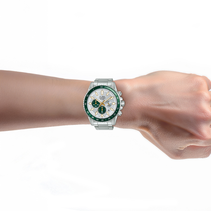 ALBA AT3L11X ACTIVE CHRONOGRAPH SILVER WHITE GREEN DIAL MEN WATCH