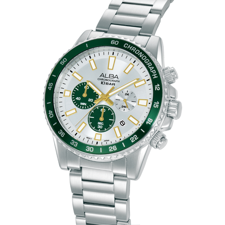 ALBA AT3L11X ACTIVE CHRONOGRAPH SILVER WHITE GREEN DIAL MEN WATCH