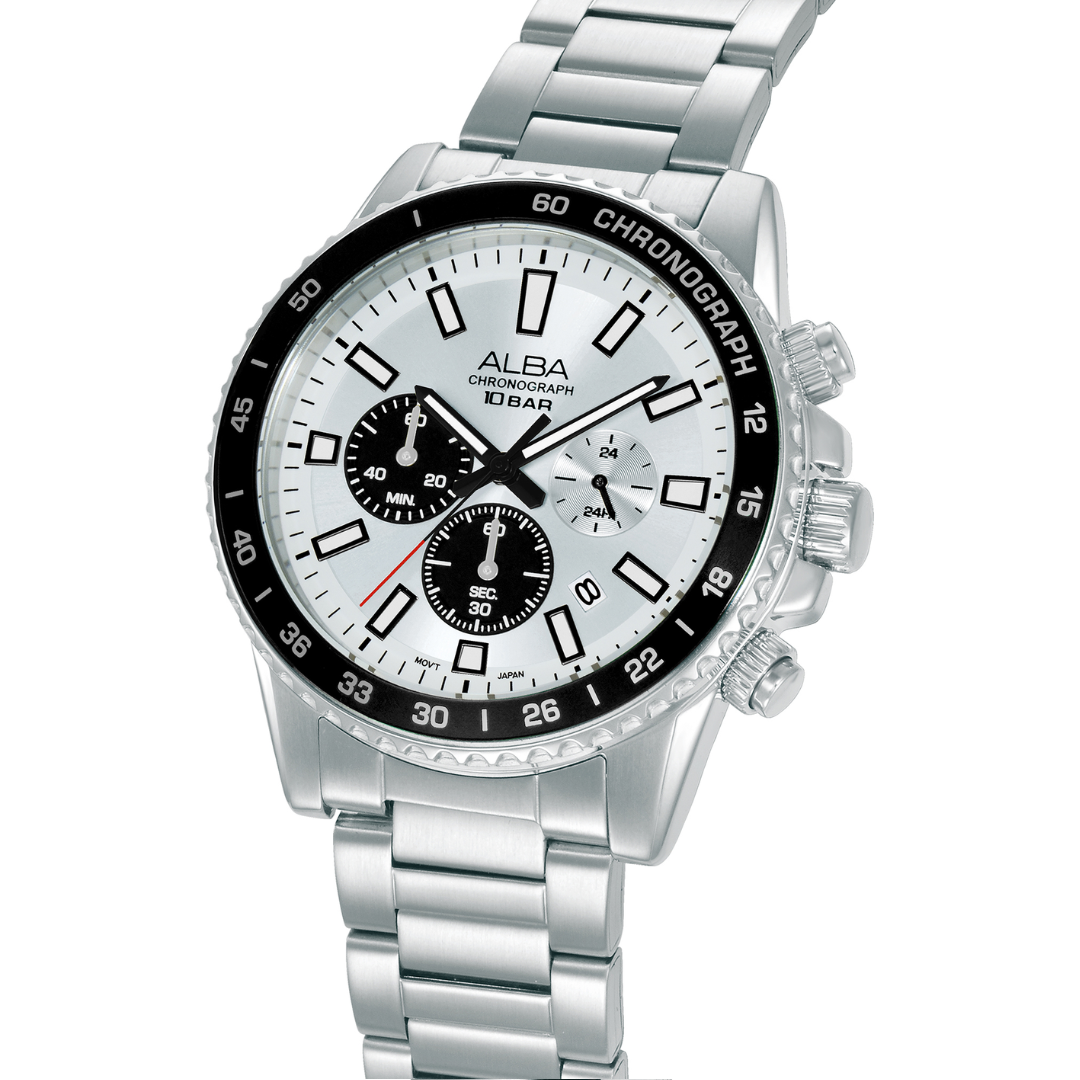 ALBA AT3L19X ACTIVE CHRONOGRAPH SILVER WHITE BLACK DIAL MEN WATCH