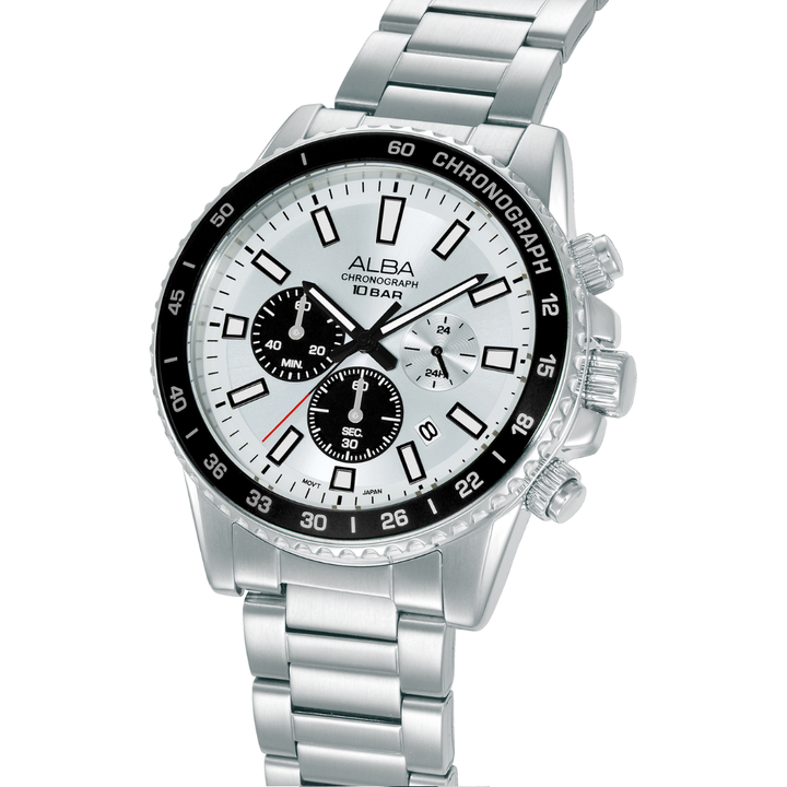 ALBA AT3L19X ACTIVE CHRONOGRAPH SILVER WHITE BLACK DIAL MEN WATCH