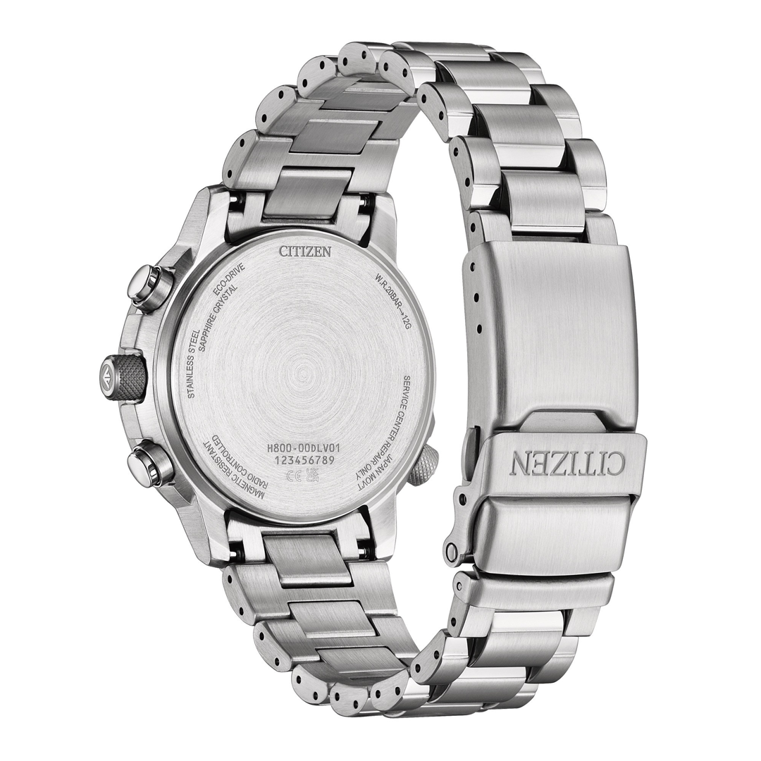 Citizen AT8300-58E Promaster Eco-Drive chronograph watch case back showing engraving and specifications