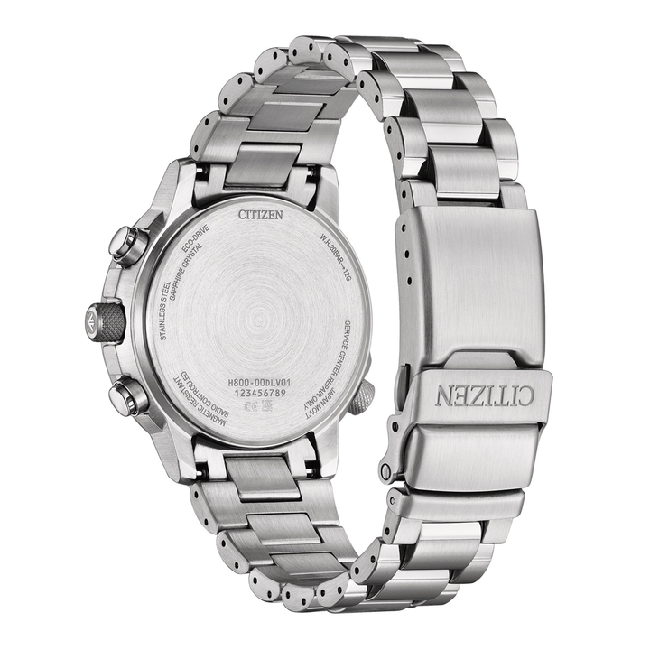 Citizen AT8300-58E Promaster Eco-Drive chronograph watch case back showing engraving and specifications