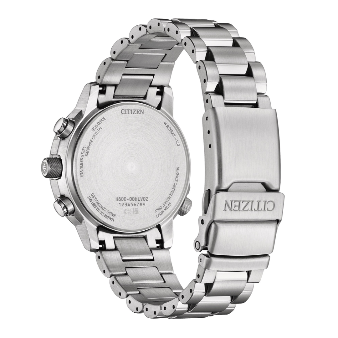 Citizen AT8300-58L Promaster Eco-Drive chronograph watch case back showing engraving and specifications