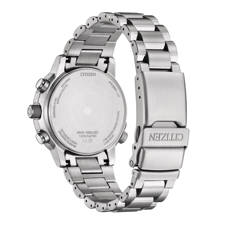 Citizen AT8300-58L Promaster Eco-Drive chronograph watch case back showing engraving and specifications