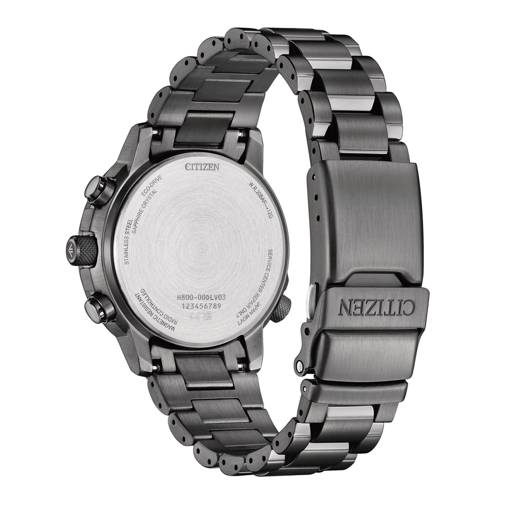 Citizen AT8304-57W Promaster Eco-Drive chronograph watch case back showing engraving and specifications