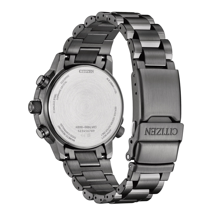 Citizen AT8304-57W Promaster Eco-Drive chronograph watch case back showing engraving and specifications