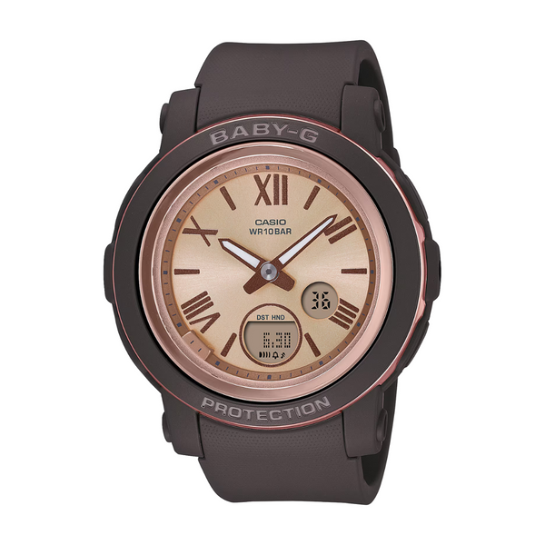 Casio Baby-G BGA-290-5ADR brown pink gold accents Roman numerals shock resistant 100m