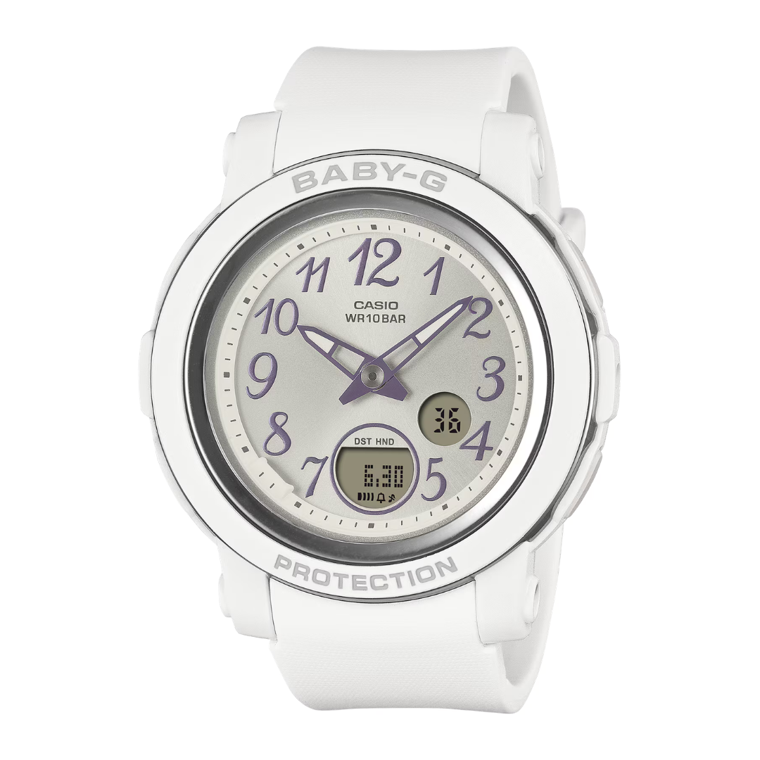 casio baby-g analog digital white resin band women watch front view