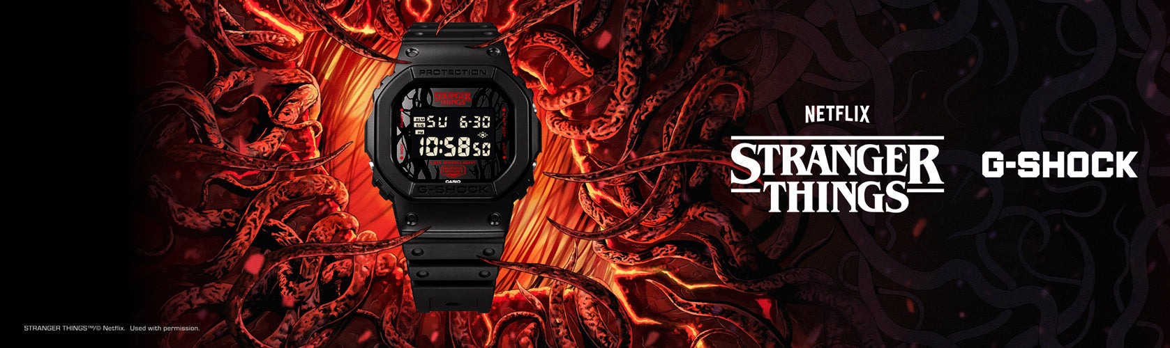 G-Shock watch with Stranger Things branding on a fiery background