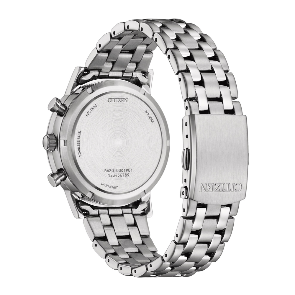Citizen CA4630-53E Eco-Drive chronograph watch case back showing engraving and specifications