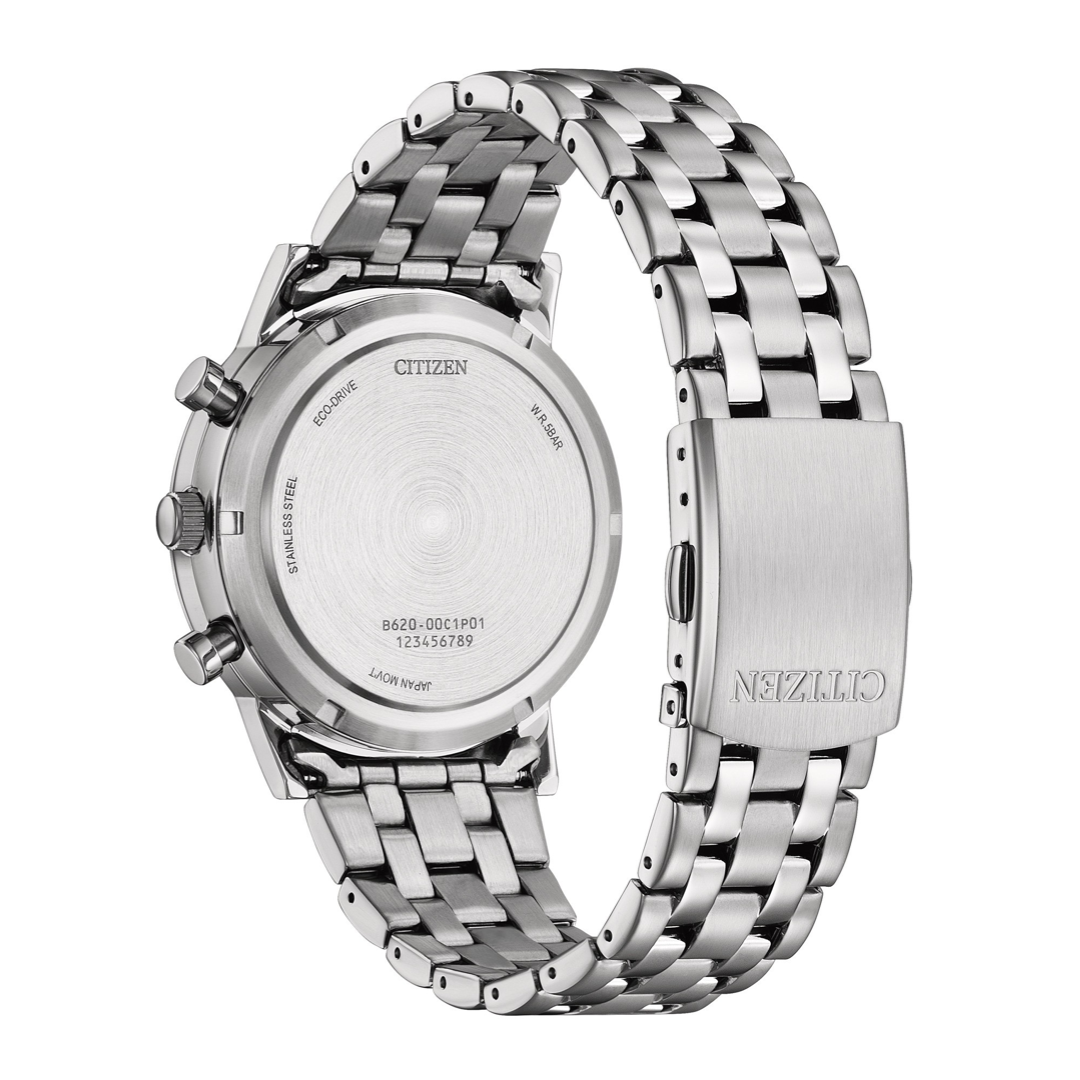 Citizen CA4630-53E Eco-Drive chronograph watch case back showing engraving and specifications