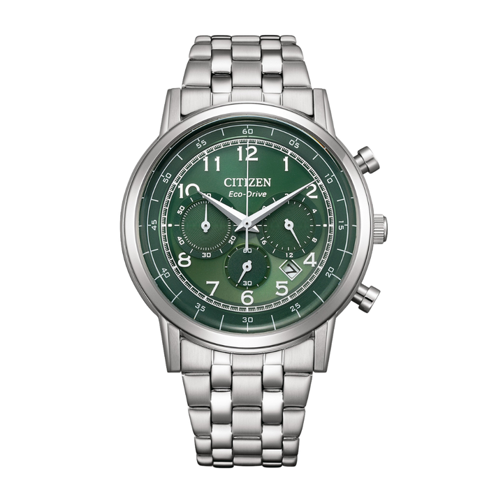 Citizen CA4630-53X Eco-Drive chronograph green dial silver steel bracelet men's watch