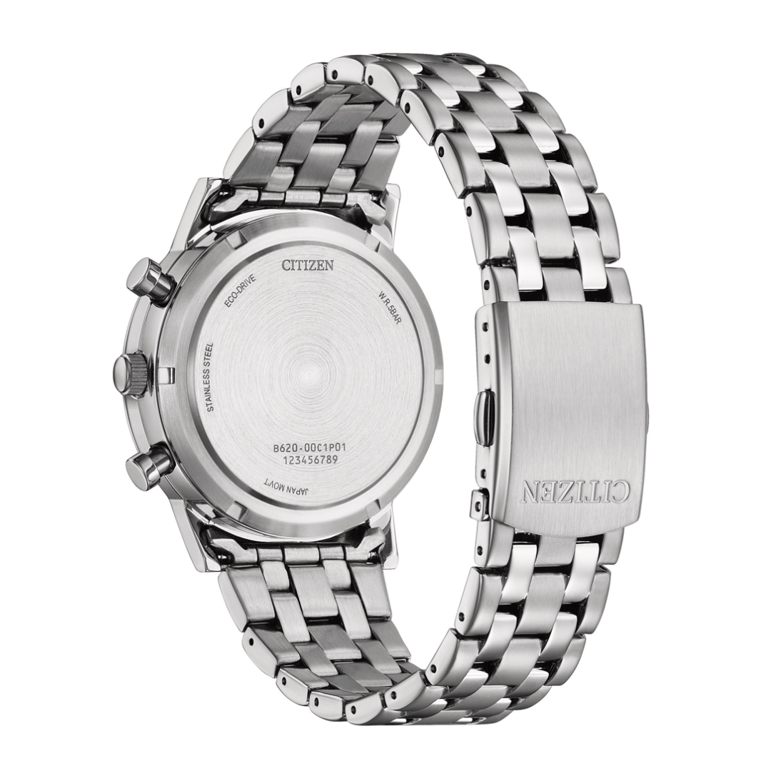 Citizen CA4630-53X Eco-Drive chronograph watch case back showing engraving and specifications