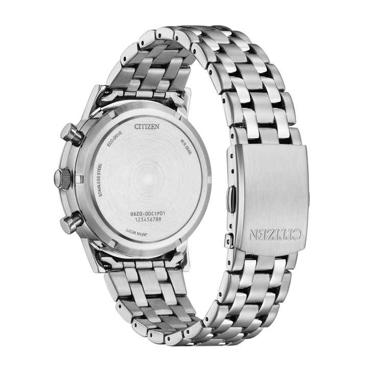 Citizen CA4630-53X Eco-Drive chronograph watch case back showing engraving and specifications
