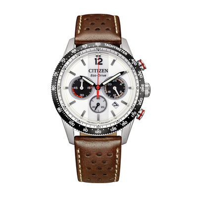Citizen CA4714-04A Eco-Drive chronograph white dial leather strap mineral glass men's watch