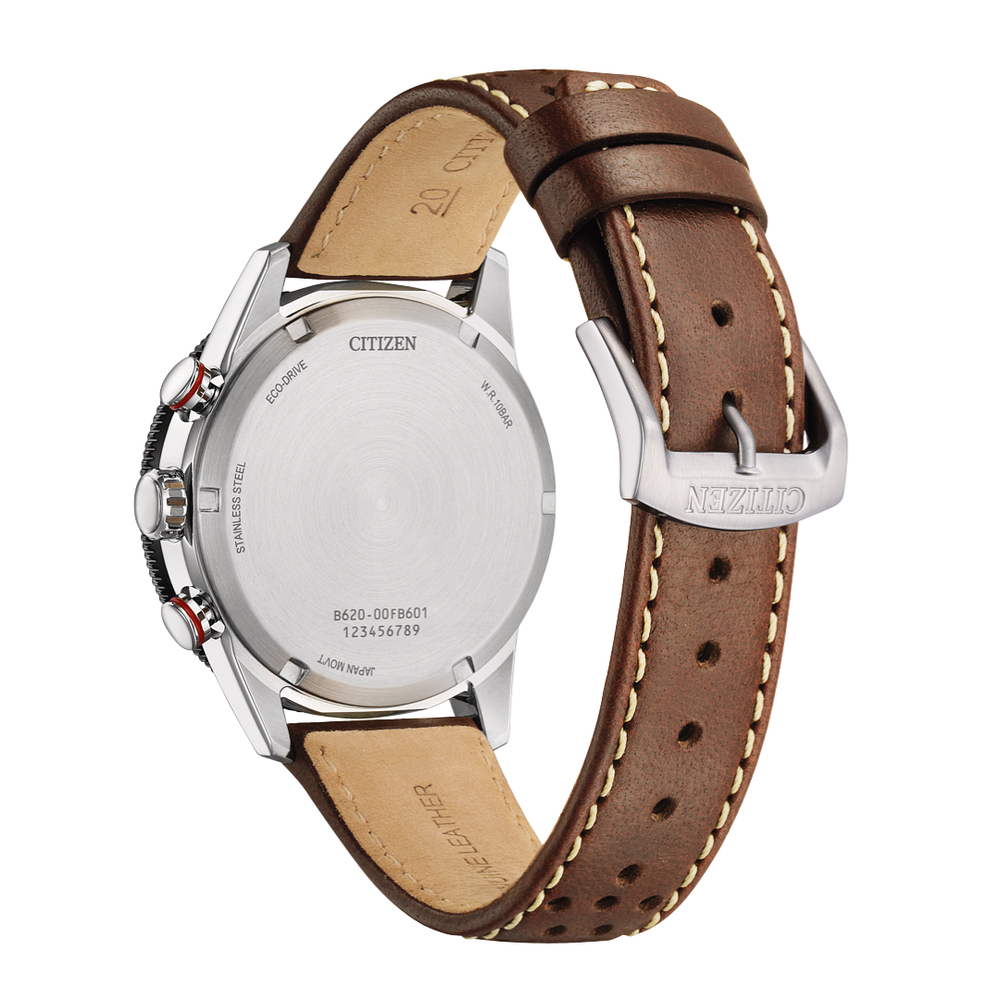 Citizen CA4714-04A Eco-Drive case back showing engraving and specifications 100M water resistant