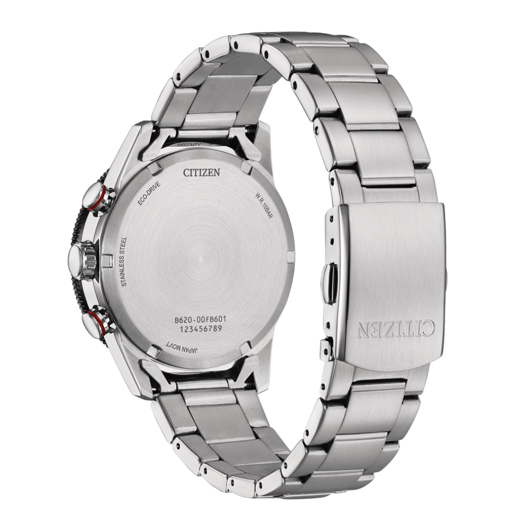 Citizen CA4714-55E Eco-Drive case back showing engraving and specifications 100M water resistant