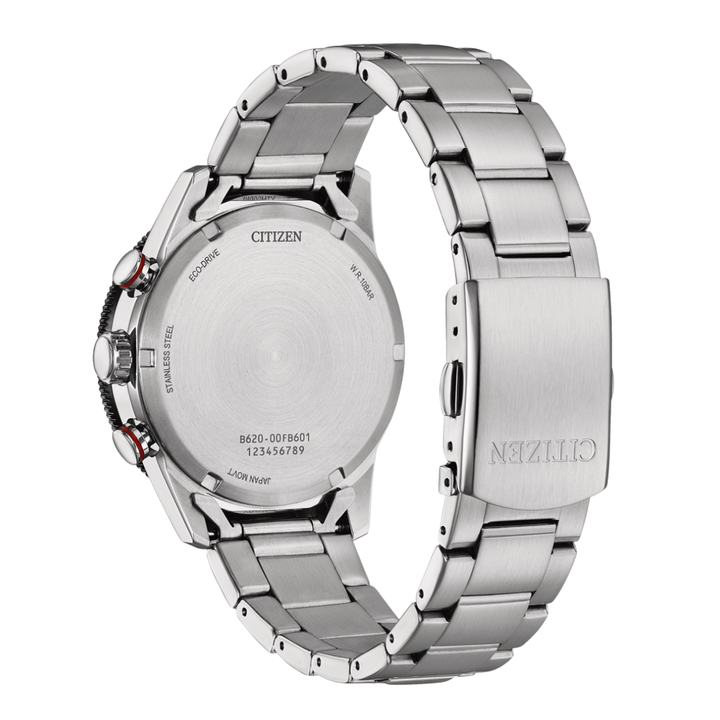 Citizen CA4714-55E Eco-Drive case back showing engraving and specifications 100M water resistant