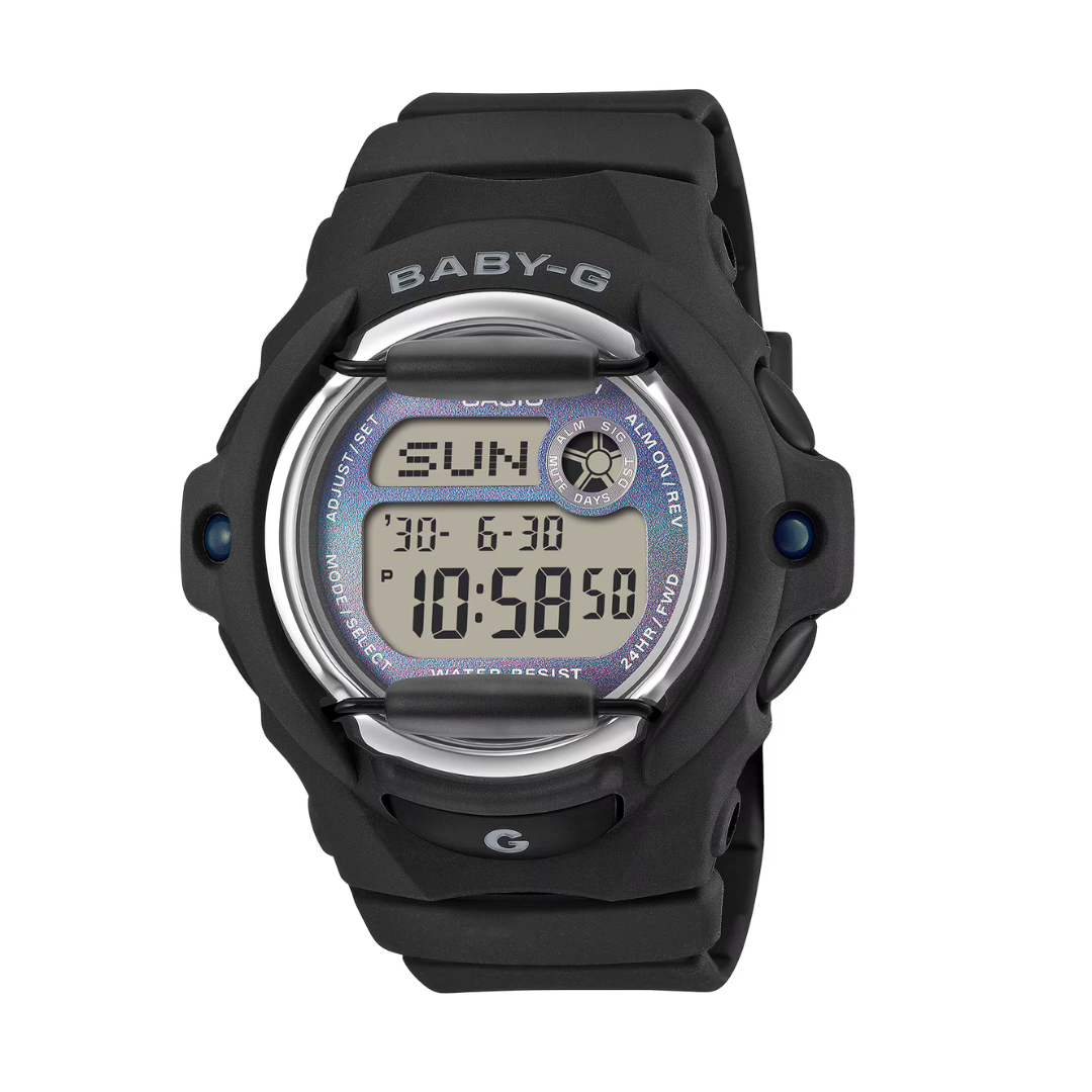 casio baby-g in gradation of faded gray hues and black resin band digital women watch front view