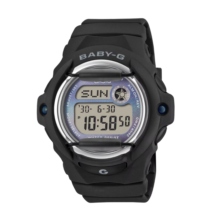 casio baby-g in gradation of faded gray hues and black resin band digital women watch front view