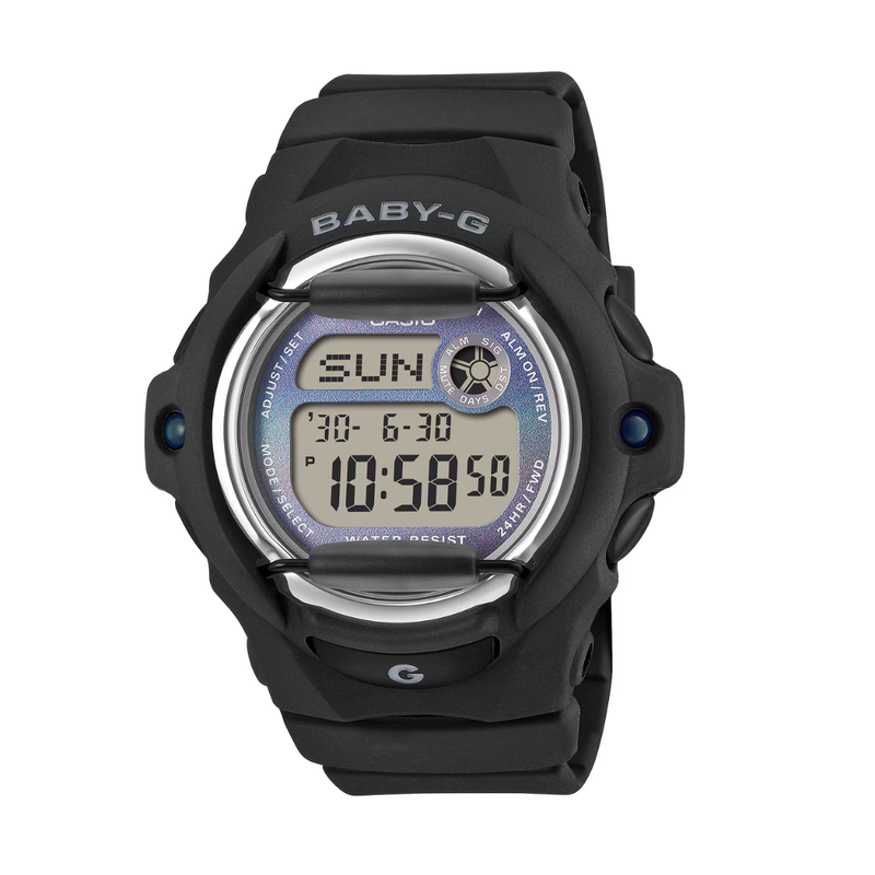 casio baby-g in gradation of faded gray hues and black resin band digital women watch front view