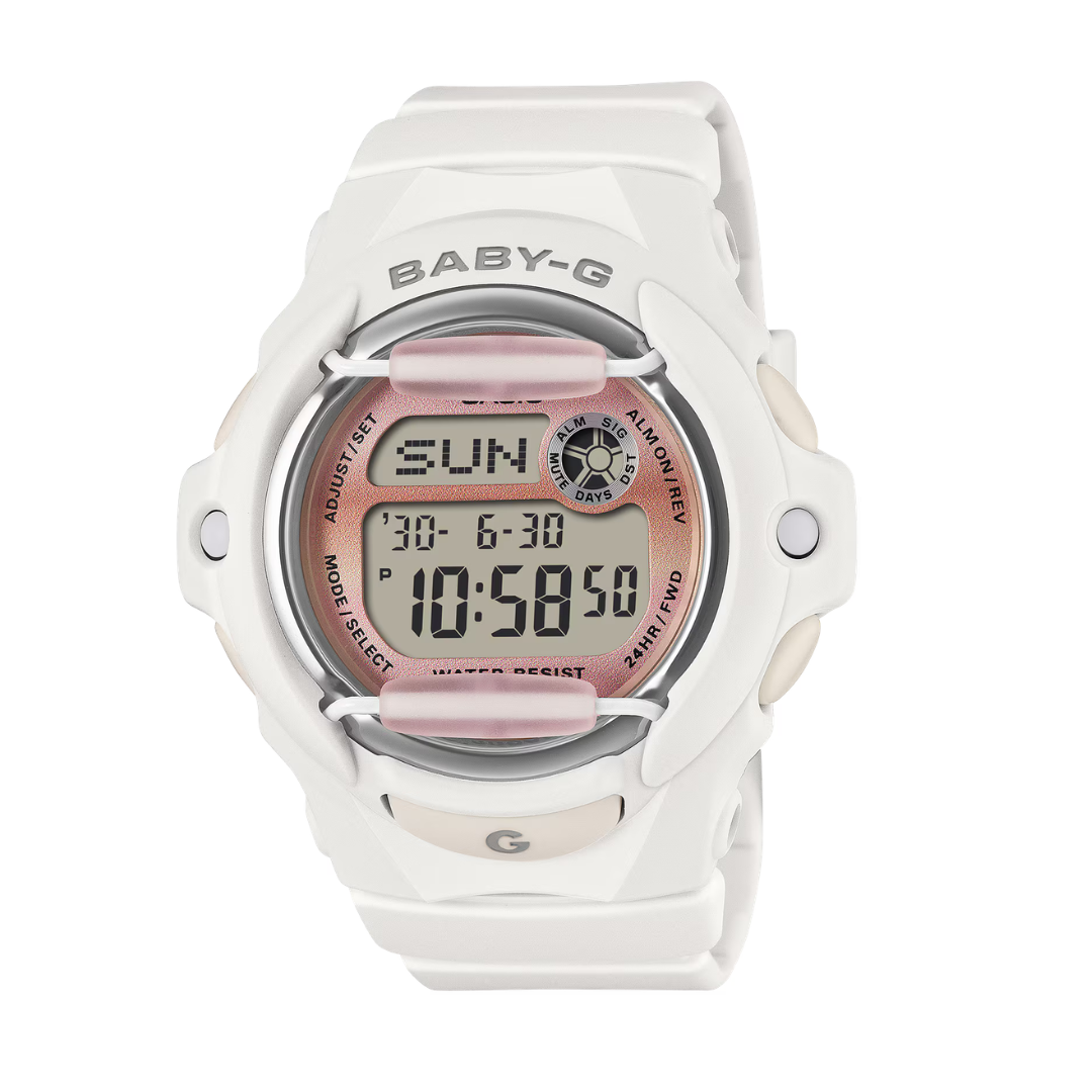 casio baby-g in gradation faded pinkish dial and matte white resin strap digital women watch front view