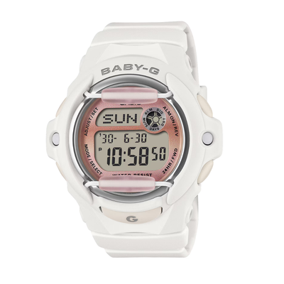 casio baby-g in gradation faded pinkish dial and matte white resin strap digital women watch front view