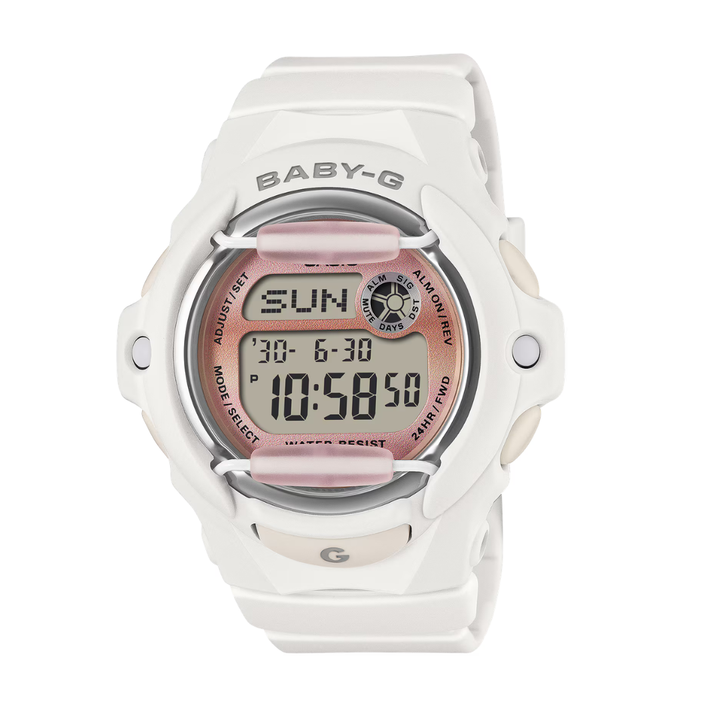 casio baby-g in gradation faded pinkish dial and matte white resin strap digital women watch front view