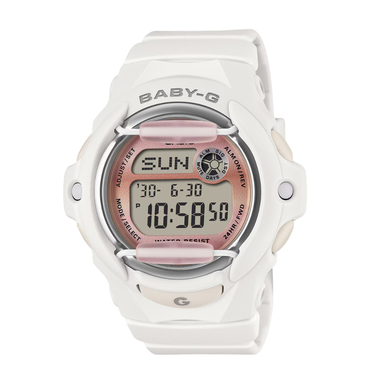casio baby-g in gradation faded pinkish dial and matte white resin strap digital women watch front view