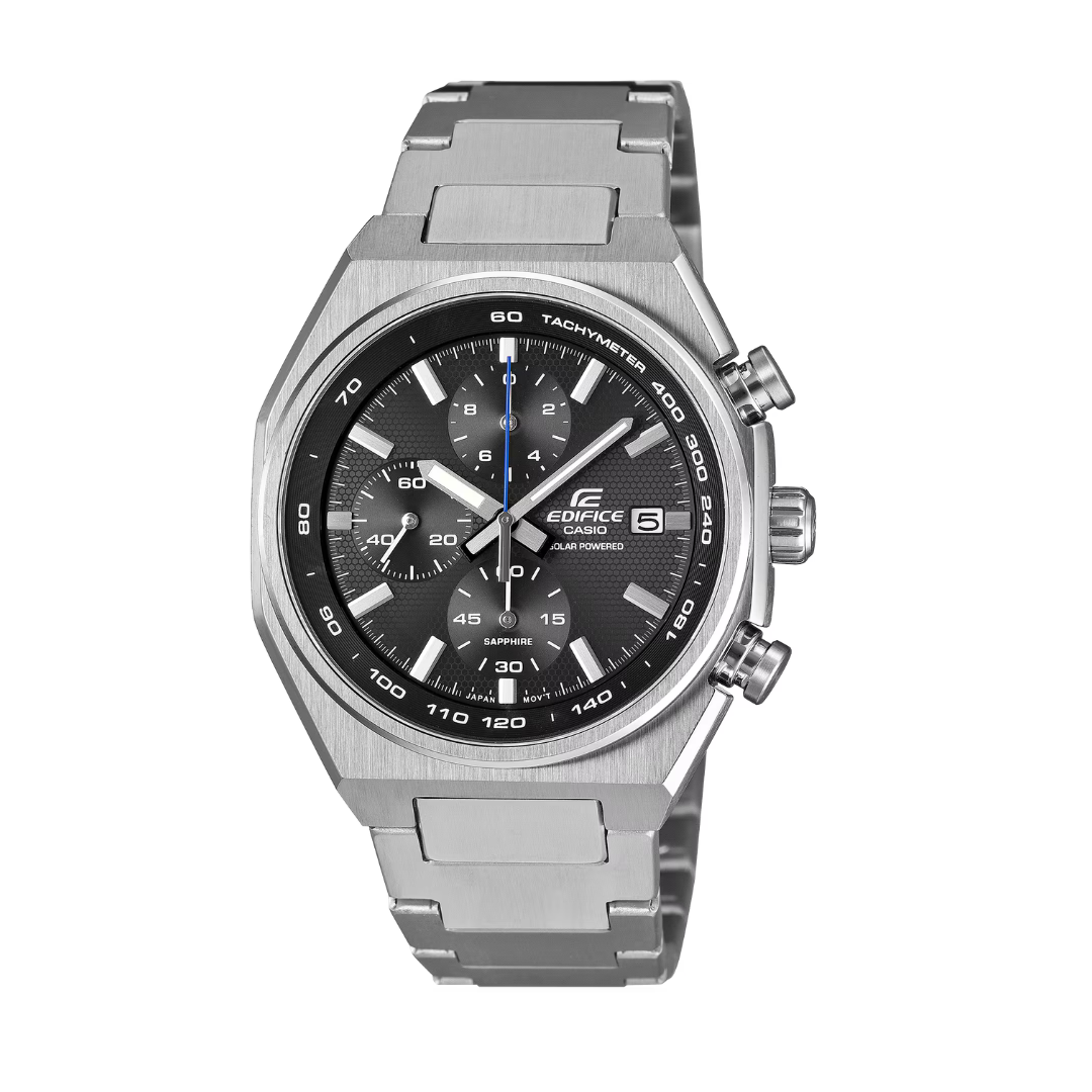 casio edifice 3 hands date solar chronograph in black dial and silver stainless steel bracelet men watch front view