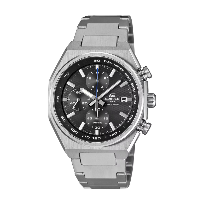 casio edifice 3 hands date solar chronograph in black dial and silver stainless steel bracelet men watch front view