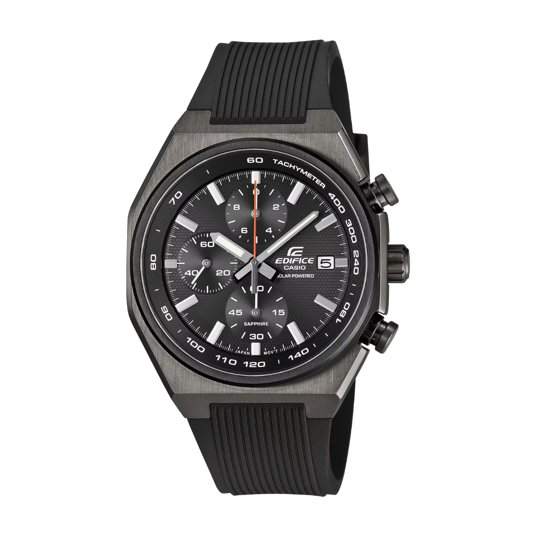 casio edifice chronograph date in black dial and grey ion-plated case and black resin strap solar men watch front view