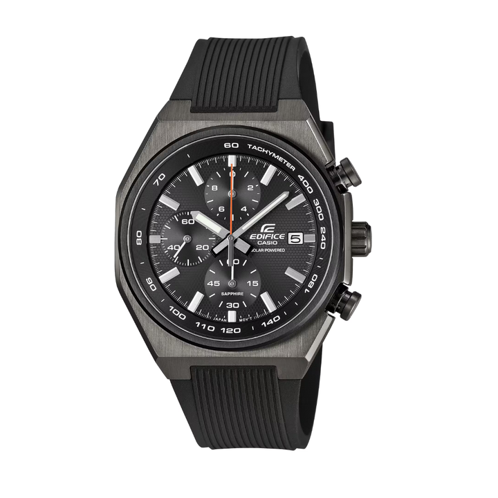 casio edifice chronograph date in black dial and grey ion-plated case and black resin strap solar men watch front view