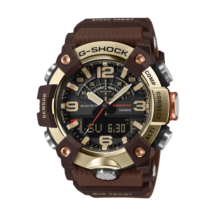 casio mudmaster master of g-land 3 hands analog digital with a metal bezel finished in light yellow gold ion plating and dark brown resin band men watch front view