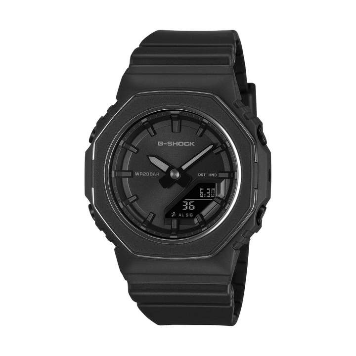 casio g-shock analog-digital in black dial and black resin band women watch front view