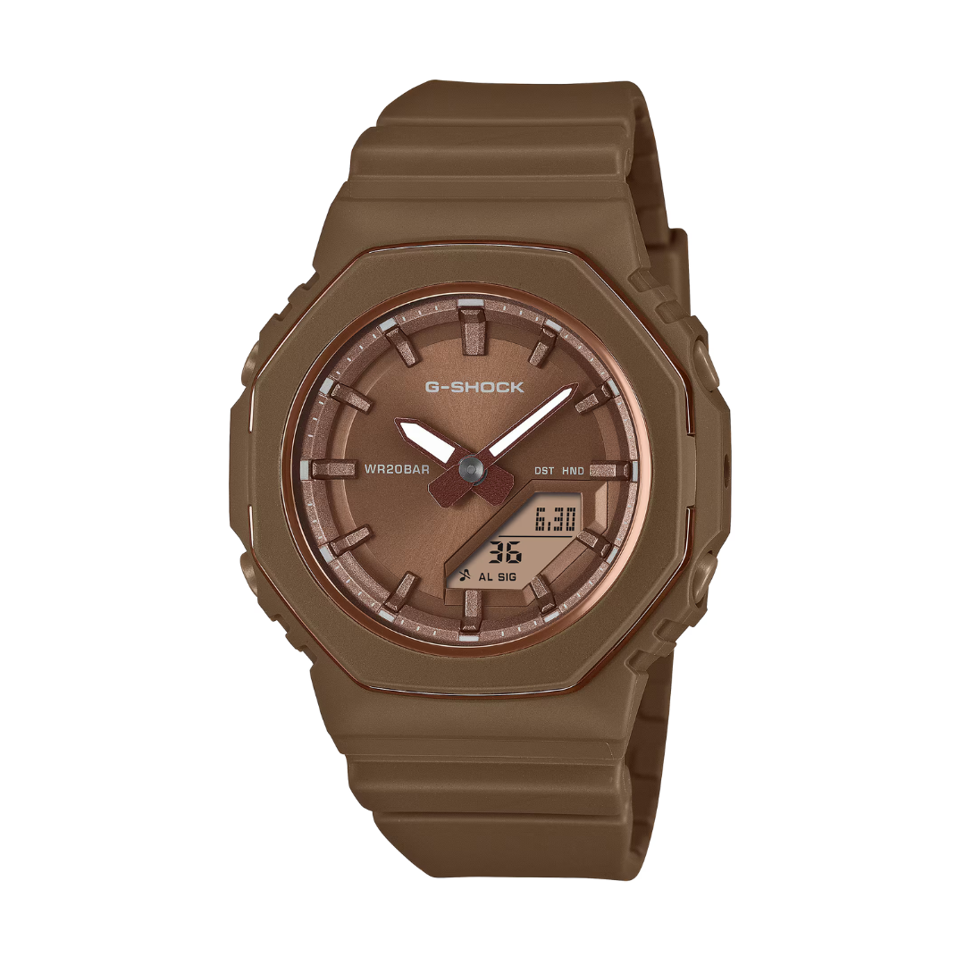 casio g-shock analog digital brown dial and brown resin strap women watch front view